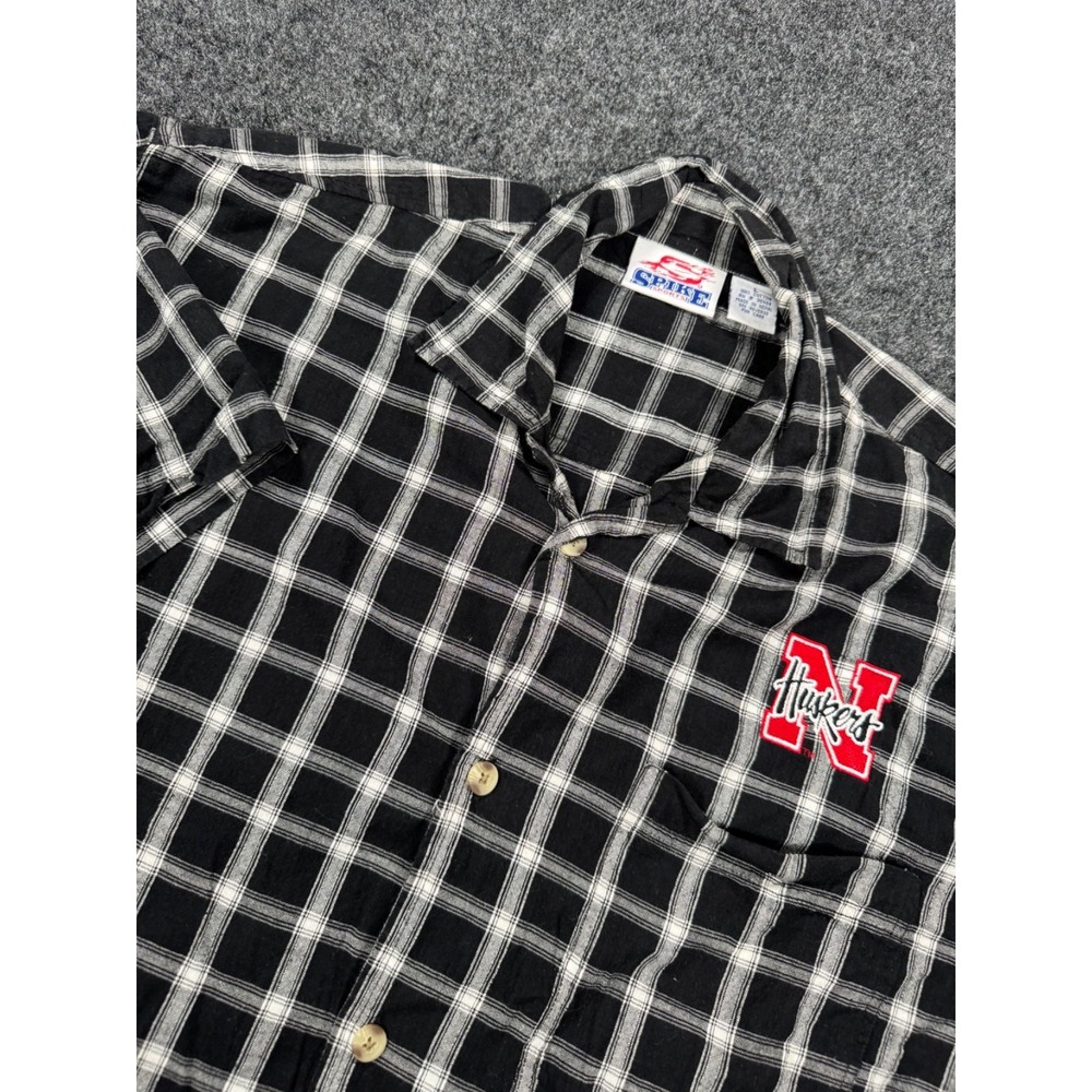 Vintage Spike Sports Nebraska Huskers Plaid Button Up Shirt Men's Large Black
